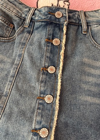 Düğmeli Açık Mavi Denim Mini şort Etek - Görsel 10