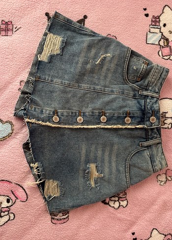 Düğmeli Açık Mavi Denim Mini şort Etek - Görsel 7