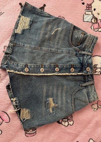Düğmeli Açık Mavi Denim Mini şort Etek - Görsel 9