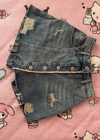 Düğmeli Açık Mavi Denim Mini şort Etek - Görsel 6