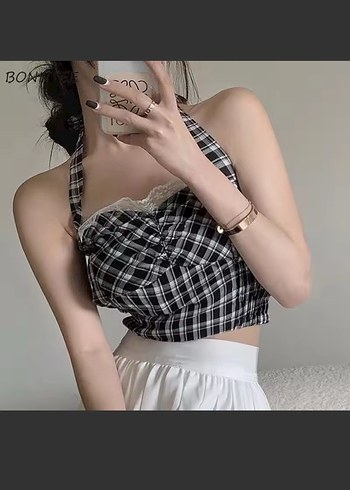 Dantelli Kareli Straplez Bustiyer - Görsel 2