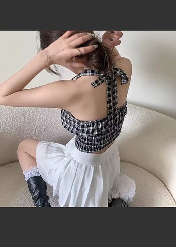 Dantelli Kareli Straplez Bustiyer - Görsel 4