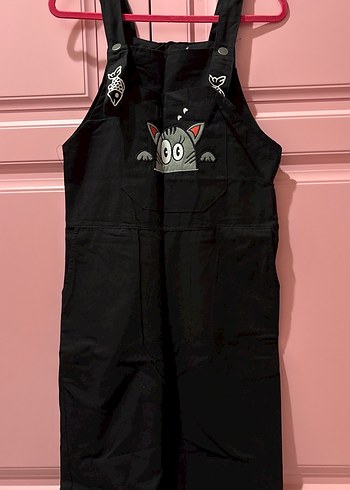 kawaii cutecore Nakışlı Siyah Kısa Salopet - Görsel 5