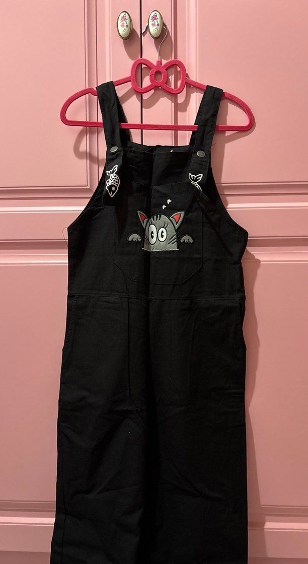 kawaii cutecore Nakışlı Siyah Kısa Salopet - Görsel 2