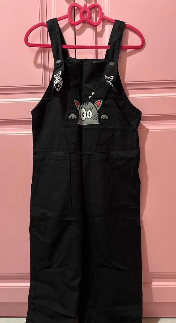 kawaii cutecore Nakışlı Siyah Kısa Salopet - Görsel 5