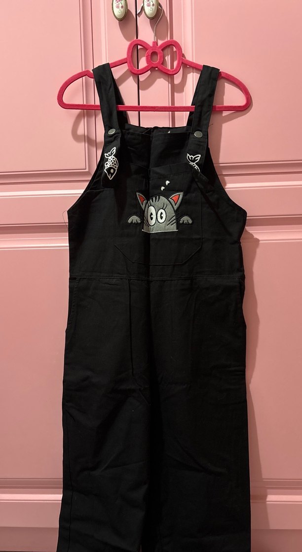 kawaii cutecore Nakışlı Siyah Kısa Salopet - Görsel 4