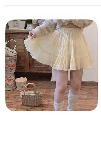 Nakışlı Bej Volanlı Pamuk Mini Etek vintage