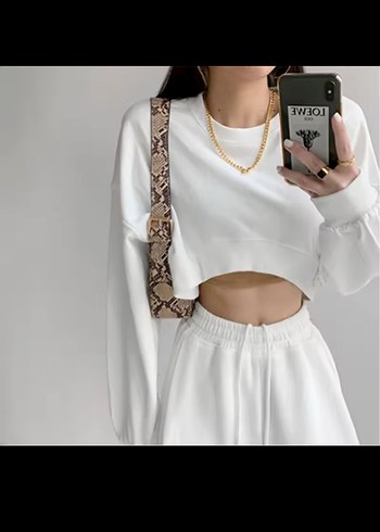 Kadın Beyaz Mini Crop Top, Uzun Kollu, Kore tarzı