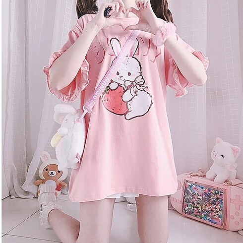 xs Beden pembe Renk Kawaii Lolita bunny çilek tshirt