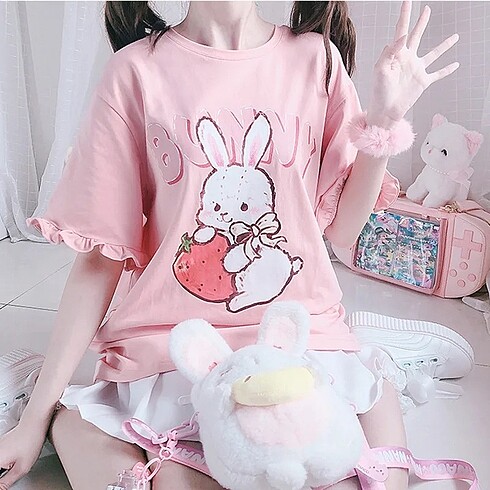 xs Beden Kawaii Lolita bunny çilek tshirt