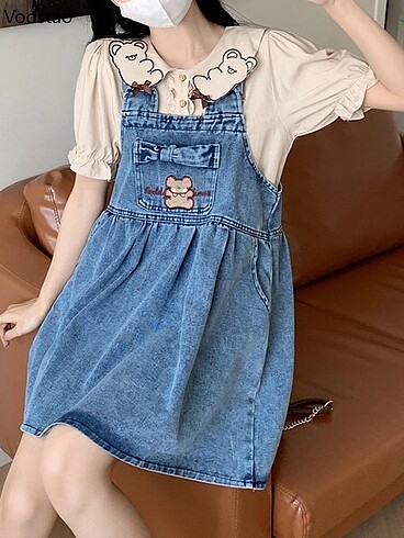 Kawaii Lolita Kore Japon tarzı salopet kot elbise tulum