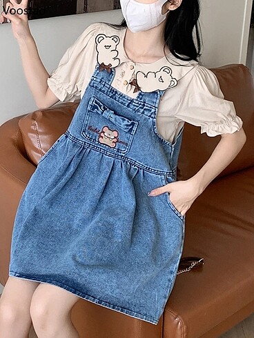 Diğer Kawaii Lolita Kore Japon tarzı salopet kot elbise tulum