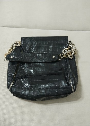 Kemer Tokalı Siyah Yılan Derisi Desenli Deri Çanta - Görsel 2