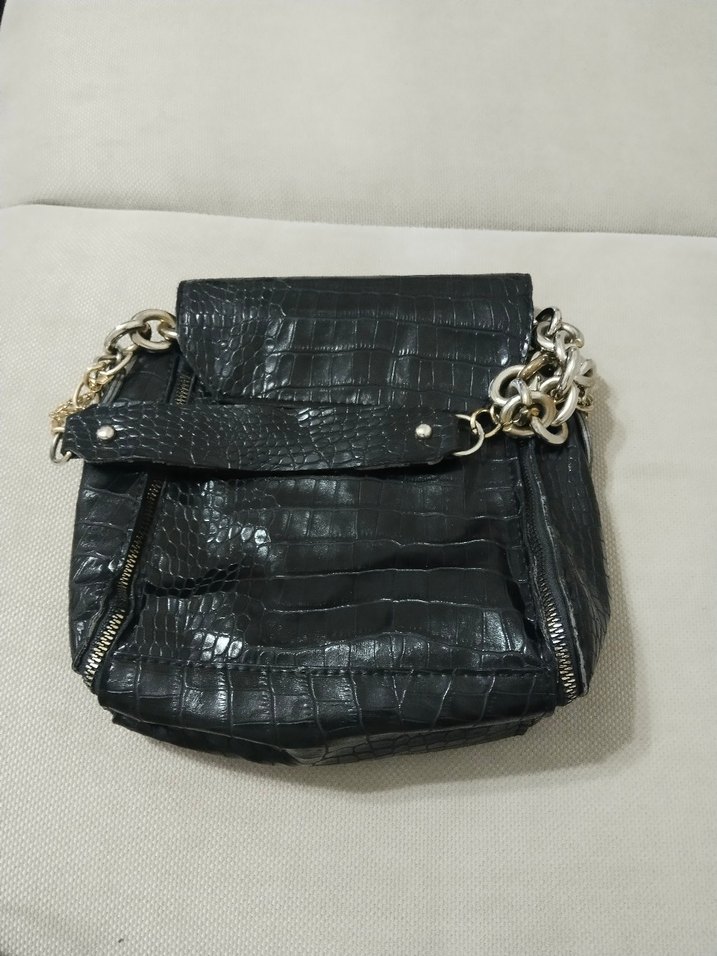 Kemer Tokalı Siyah Yılan Derisi Desenli Deri Çanta - Görsel 2