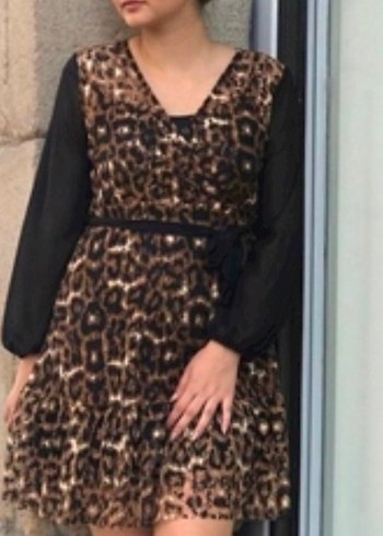 Kahverengi Leopar Desenli Mini Elbise - Görsel 2