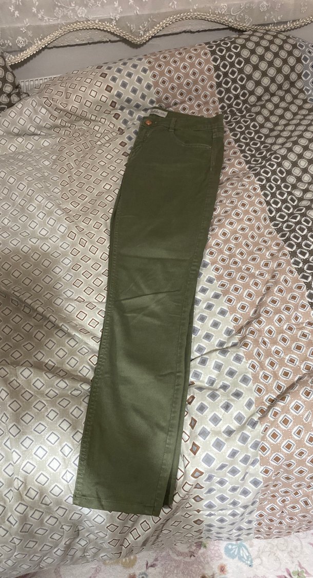 Düğmeli Yeşil Kadın Pamuk Pantolon - Görsel 3