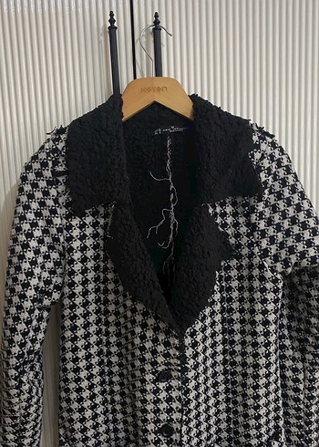 Düğmeli Gri Kareli Kadın Uzun Yün Kaban - Görsel 2