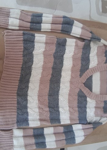 V Yaka Çizgili Triko Kadın Kazak - Görsel 3