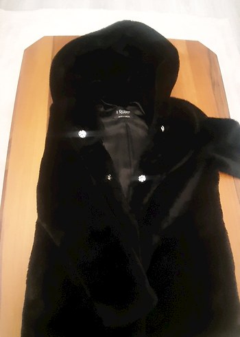 Siyah Kürk Detaylı Midi Boy Kadın Peluş Ceket - Görsel 4