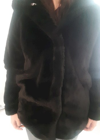 Siyah Kürk Detaylı Midi Boy Kadın Peluş Ceket - Görsel 6