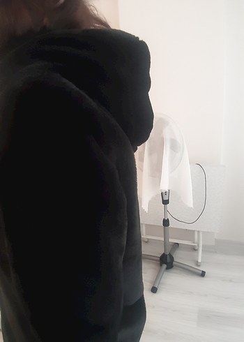 Siyah Kürk Detaylı Midi Boy Kadın Peluş Ceket - Görsel 7