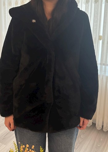 Siyah Kürk Detaylı Midi Boy Kadın Peluş Ceket - Görsel 2