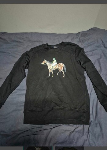 Polo Ralph Lauren Atli Figurlu Siyah Bisiklet Yaka Sweatshirt