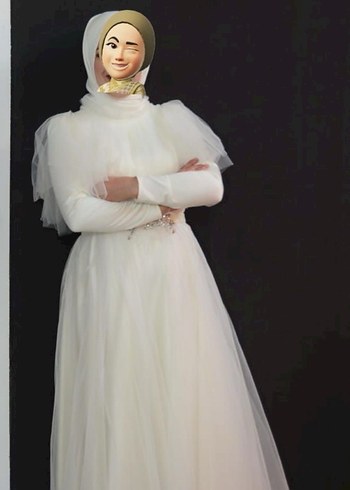 Bej Uzun Kollu Drapeli Tesettür Abiye - Görsel 2