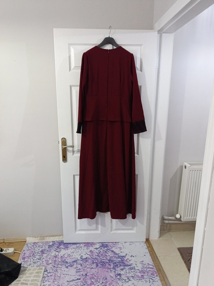 Bordo Uzun Kollu Drapeli Kadın Elbise - Görsel 4