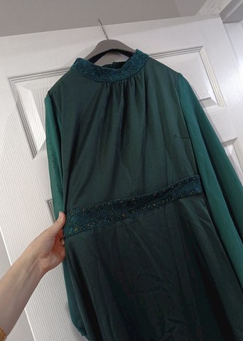 Uzun, Yüksek Yakalı, Salaş Yeşil Kadın Elbise - Görsel 3