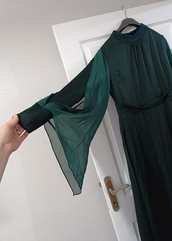 Uzun, Yüksek Yakalı, Salaş Yeşil Kadın Elbise - Görsel 2