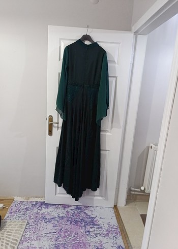 Uzun, Yüksek Yakalı, Salaş Yeşil Kadın Elbise - Görsel 5