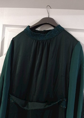 Uzun, Yüksek Yakalı, Salaş Yeşil Kadın Elbise - Görsel 4