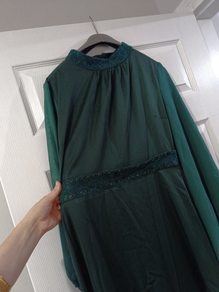 Uzun, Yüksek Yakalı, Salaş Yeşil Kadın Elbise - Görsel 3