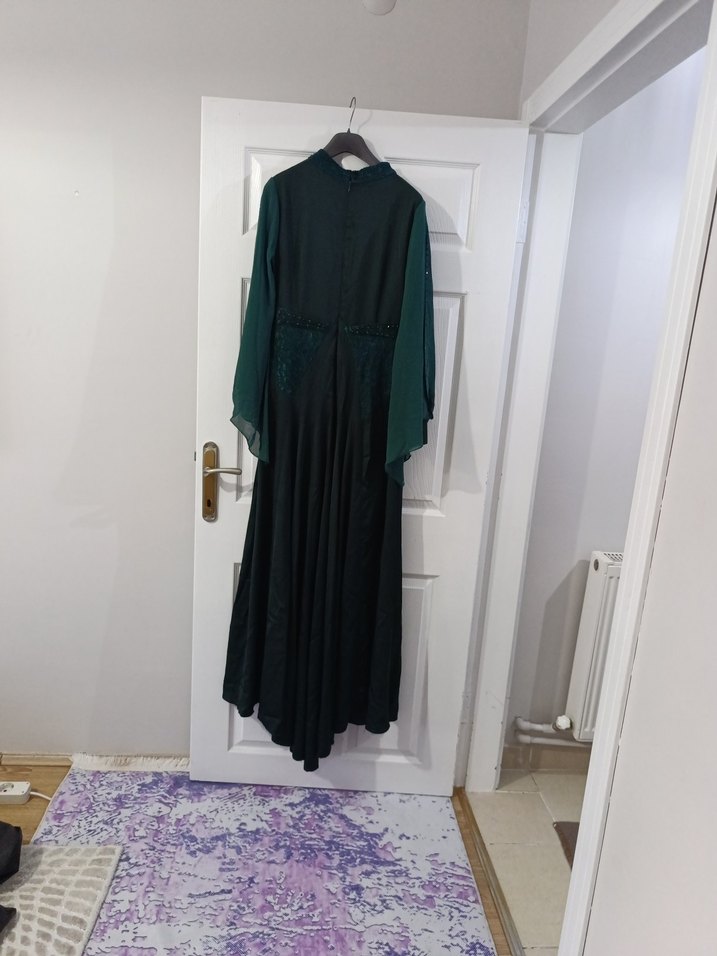 Uzun, Yüksek Yakalı, Salaş Yeşil Kadın Elbise - Görsel 5