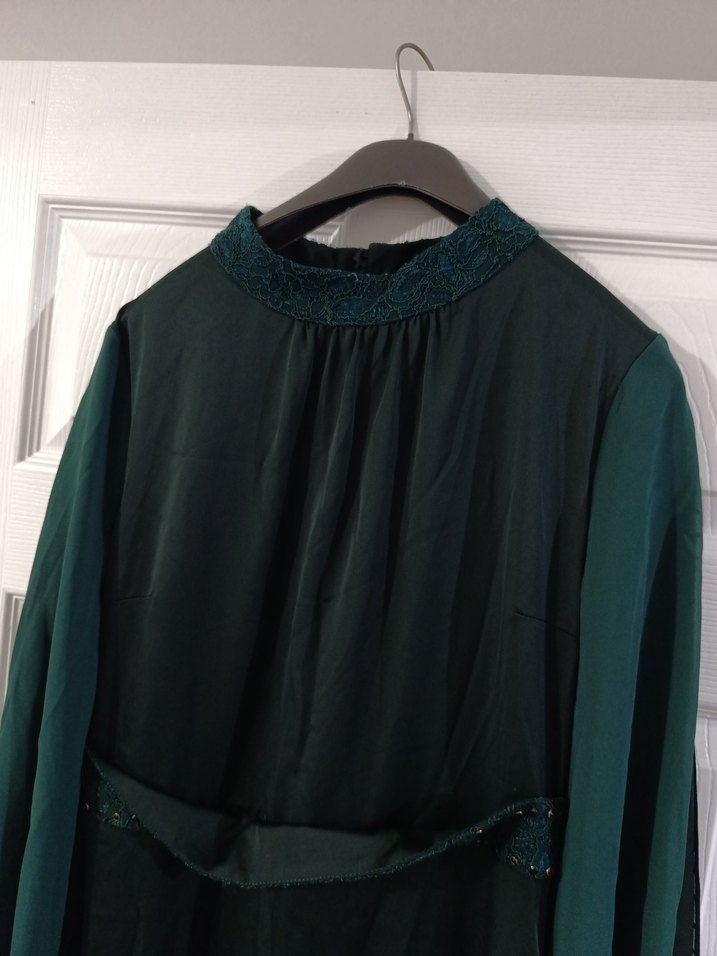 Uzun, Yüksek Yakalı, Salaş Yeşil Kadın Elbise - Görsel 4