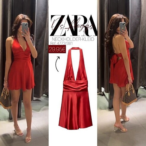 Zara kırmızı halter yaka saten elbise