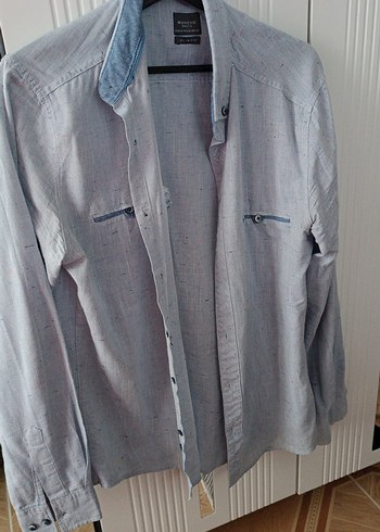 Gri Denim Düğmeli Erkek Gömlek