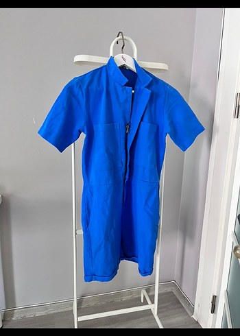 Kadın Mavi Kısa Denim Tulum