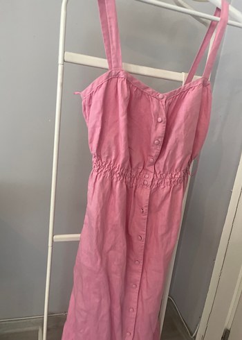 Düğmeli Pembe Keten Uzun Elbise - Görsel 2