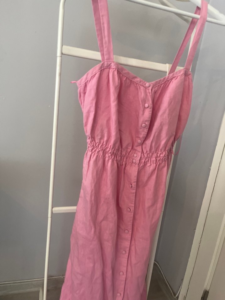 Düğmeli Pembe Keten Uzun Elbise - Görsel 2