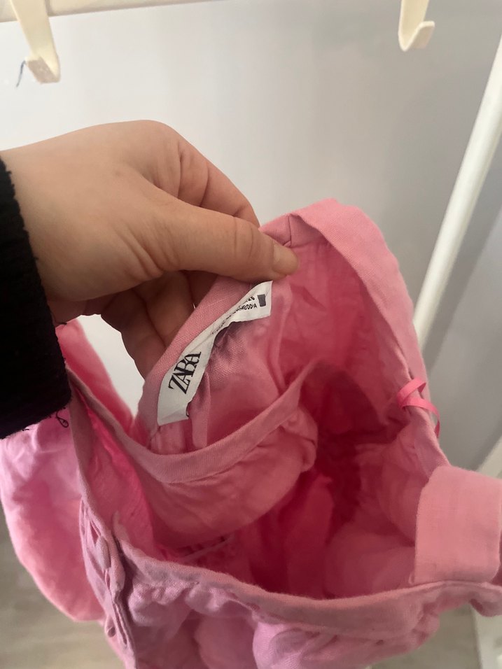 Düğmeli Pembe Keten Uzun Elbise - Görsel 5