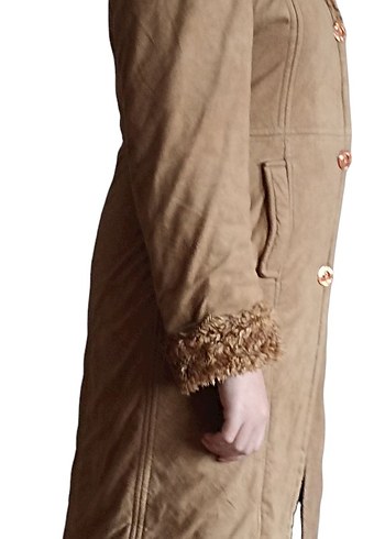 Bej Kadın Midi Süet Kışlık Ceket - Görsel 4