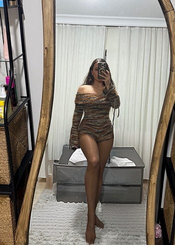 Kadın Kahverengi Örgü Mini Elbise - Görsel 2