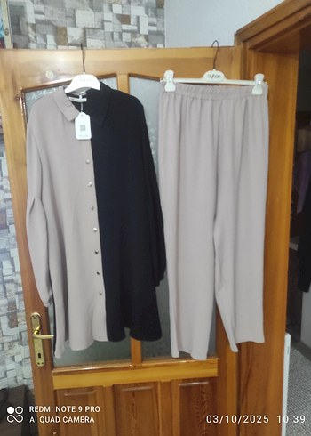 Düğmeli Bej Gri Uzun Kadın Takım