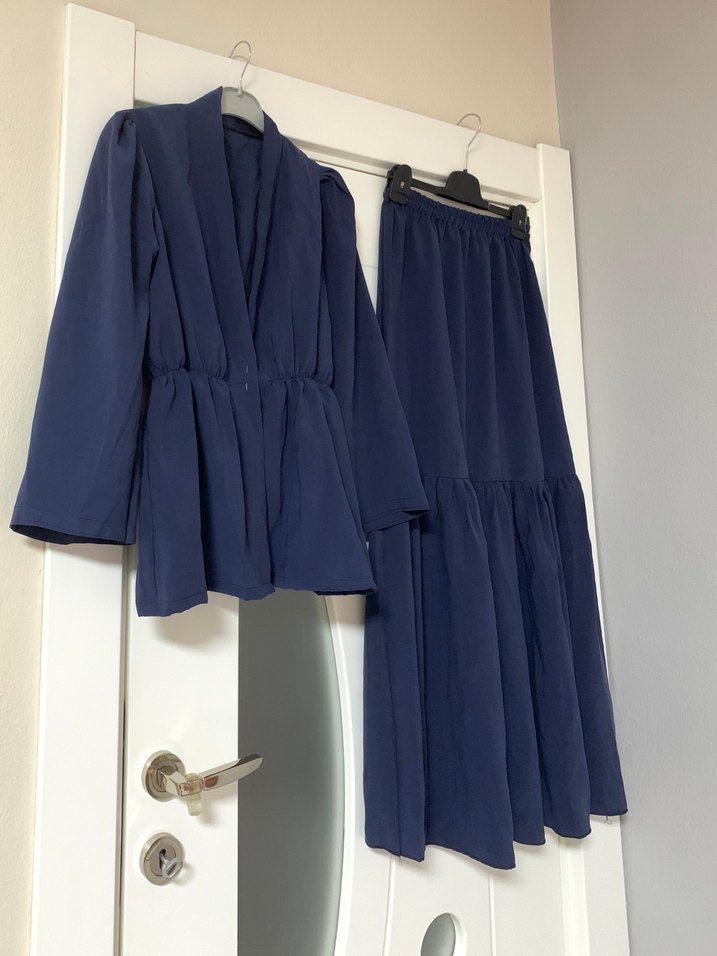 Lacivert Keten Pilili Uzun Kadın Takım - Görsel 3