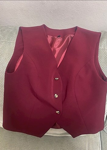 Bordo Mini Düğmeli V Yaka Kolsuz Yelek - Görsel 2