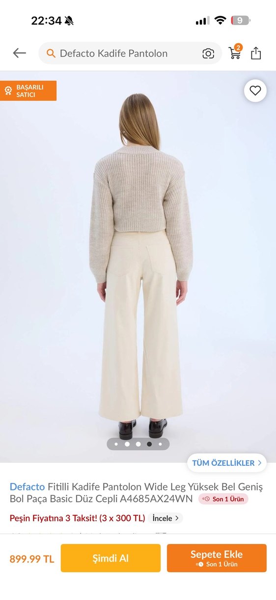 Defacto Bej Fitilli Kadife Geniş Paça Pantolon - Görsel 3