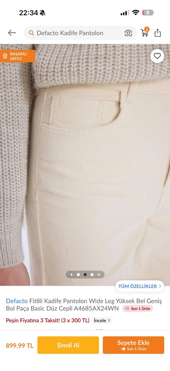 Defacto Bej Fitilli Kadife Geniş Paça Pantolon - Görsel 2