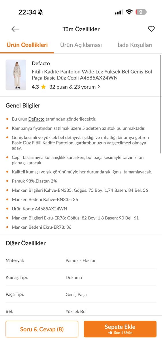 Defacto Bej Fitilli Kadife Geniş Paça Pantolon - Görsel 5
